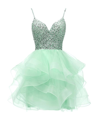 Tulle Beaded Short Prom Dress with Spaghetti Straps Light Green - - dress