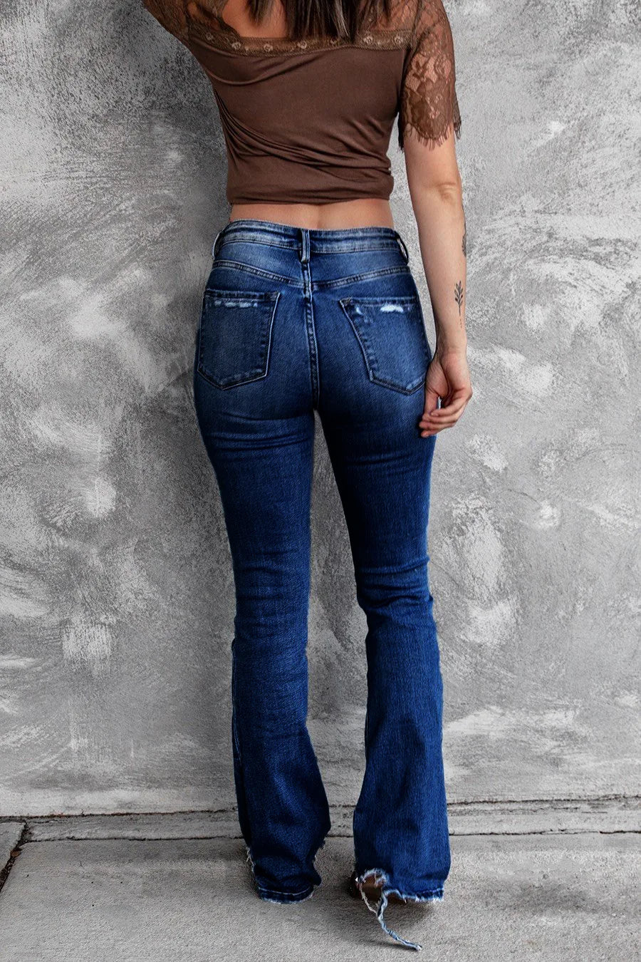 Women Holes Ripped Flare Jeans Hollow Out High Waist Wide Leg Denim Jeans