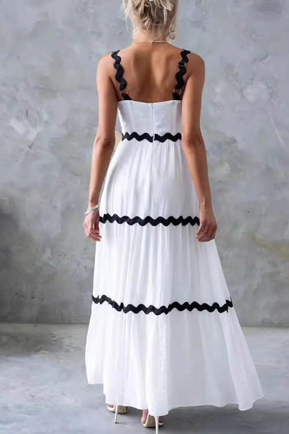 Tiered Maxi Dress with Scalloped Trim - -