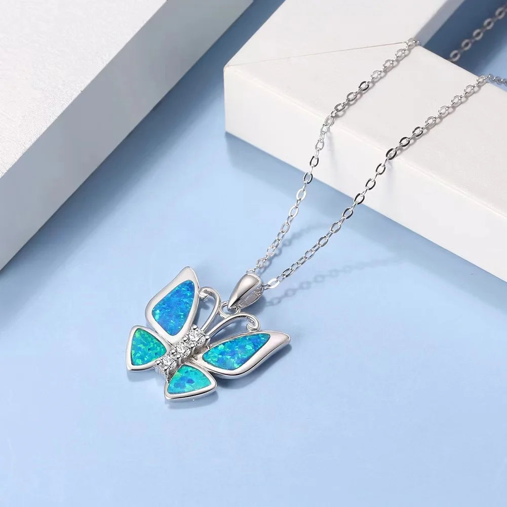 S925 Silver Butterfly Shape Synthetic Opal Pendant