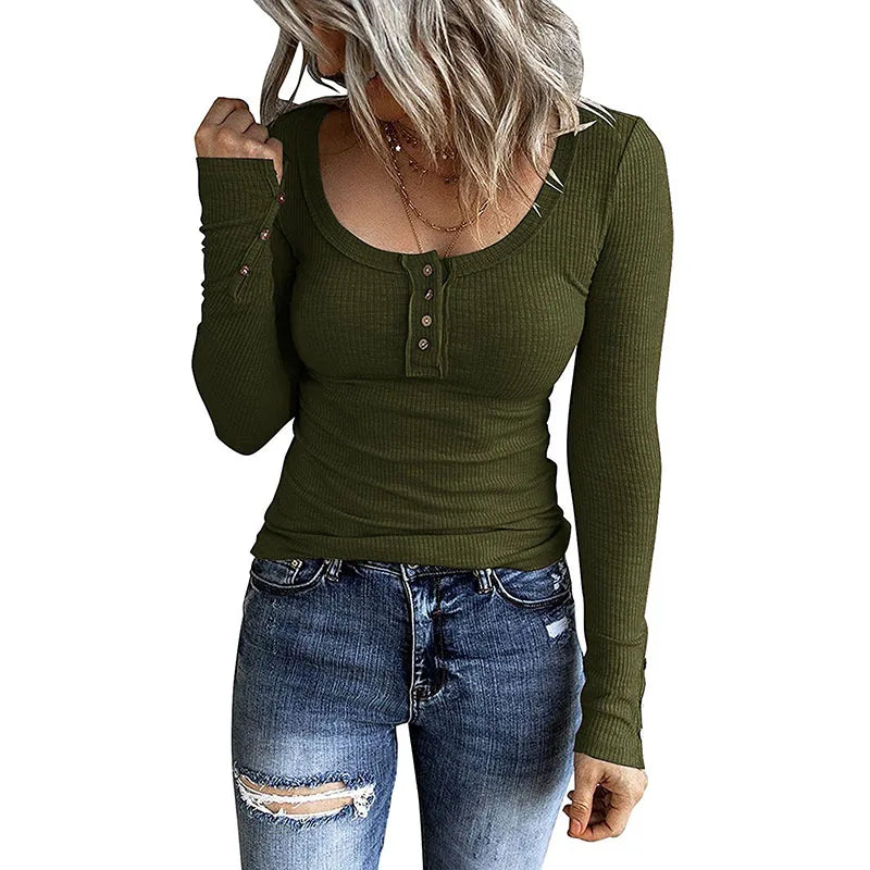 Casual Knit Button Long Sleeve Ladies T Shirt