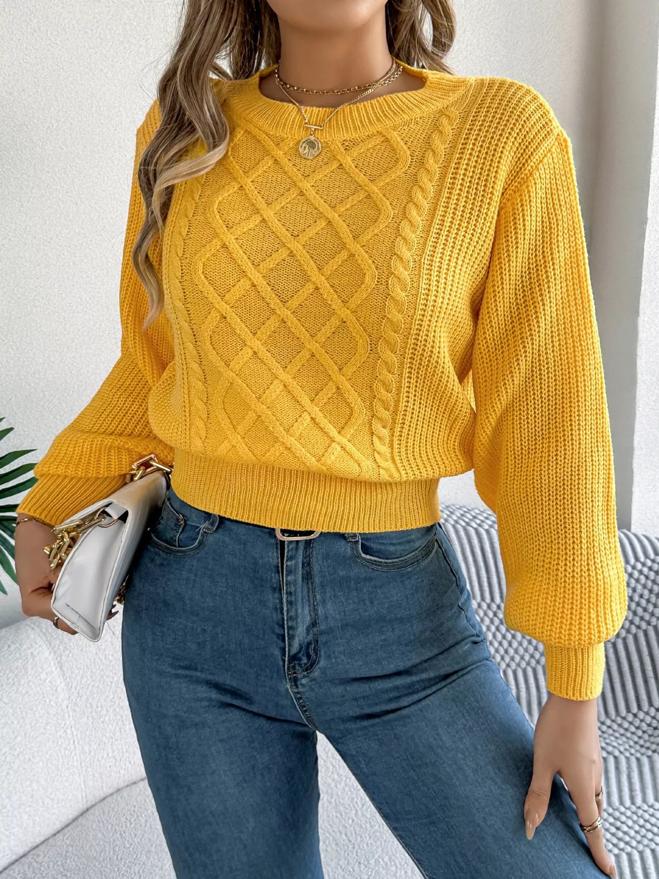 Cable Knit Diamond Pattern Long Sleeve Sweater - -