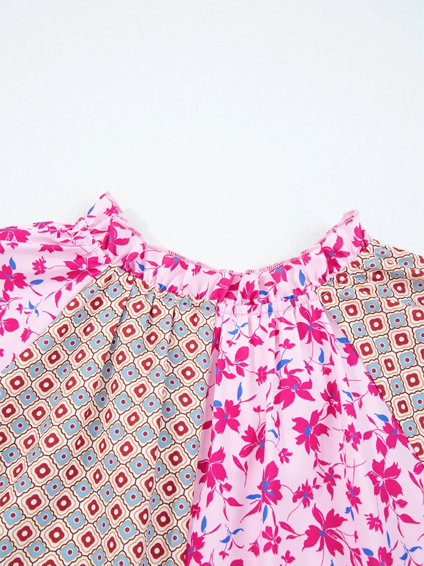 Boho Mixed Floral Drop Shoulder Bubble Sleeve Blouse - -