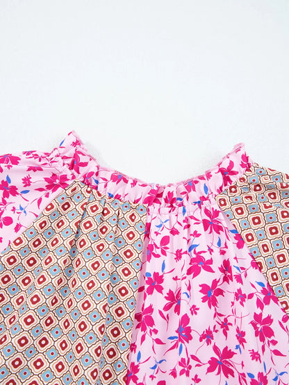 Boho Mixed Floral Drop Shoulder Bubble Sleeve Blouse - -