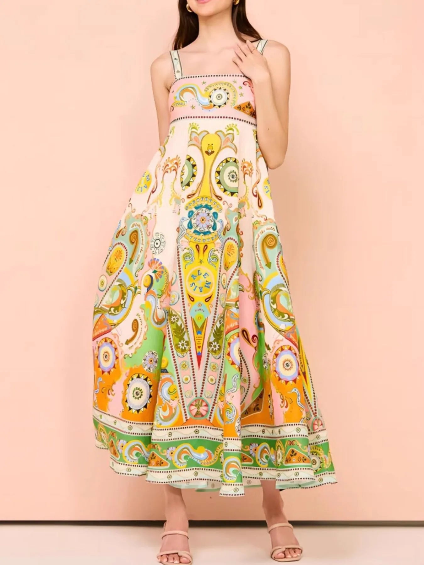 Paisley Print Square Neck Summer Dress - -