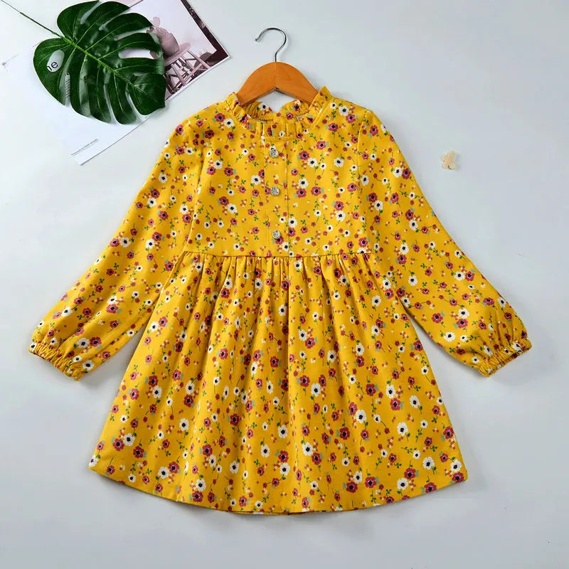 Girls Flower Cotton Long Sleeve Casual Dress