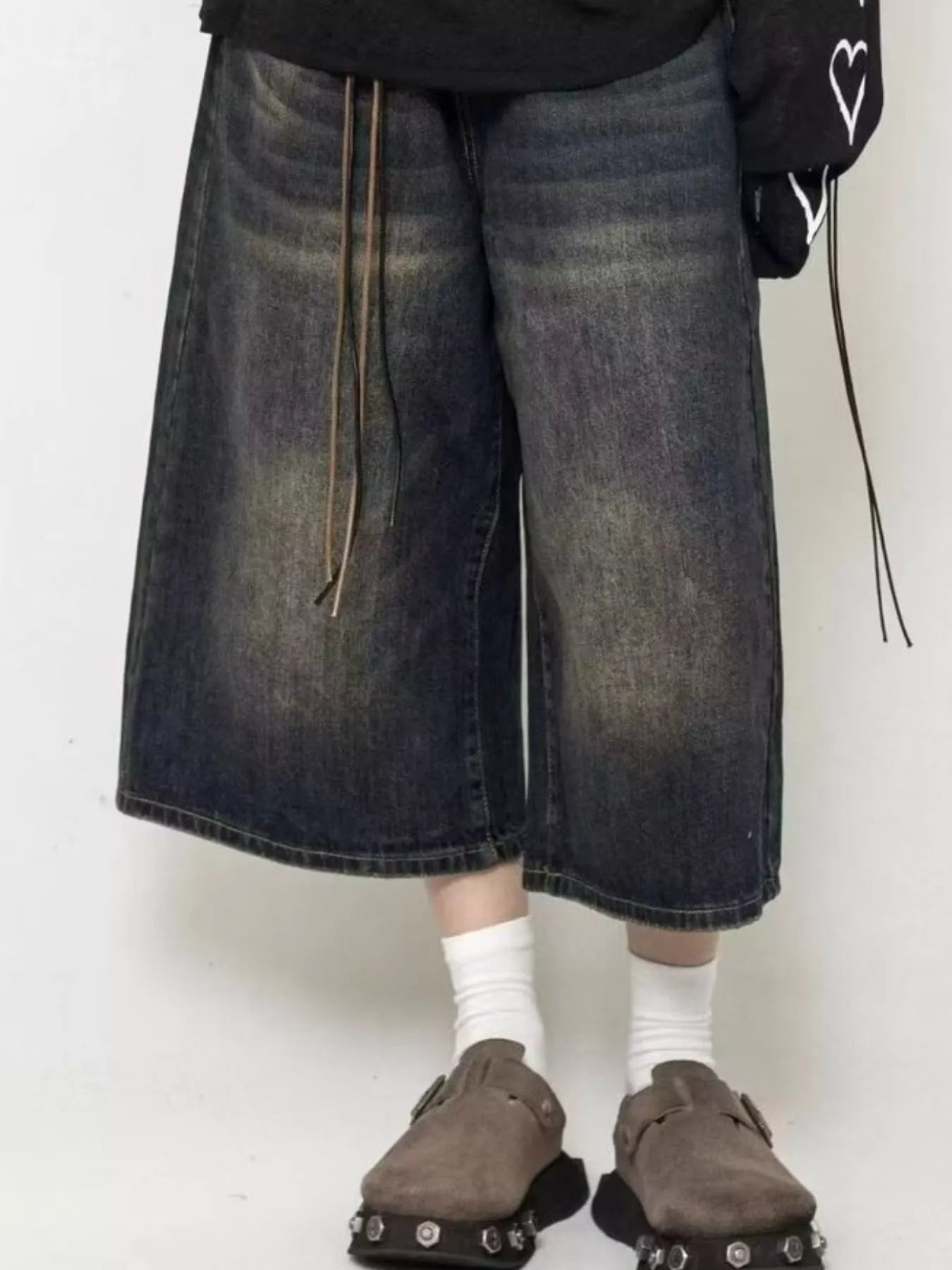 Men's Full Size Wide Leg Washed Denim Capris Plus Size - Dark -
