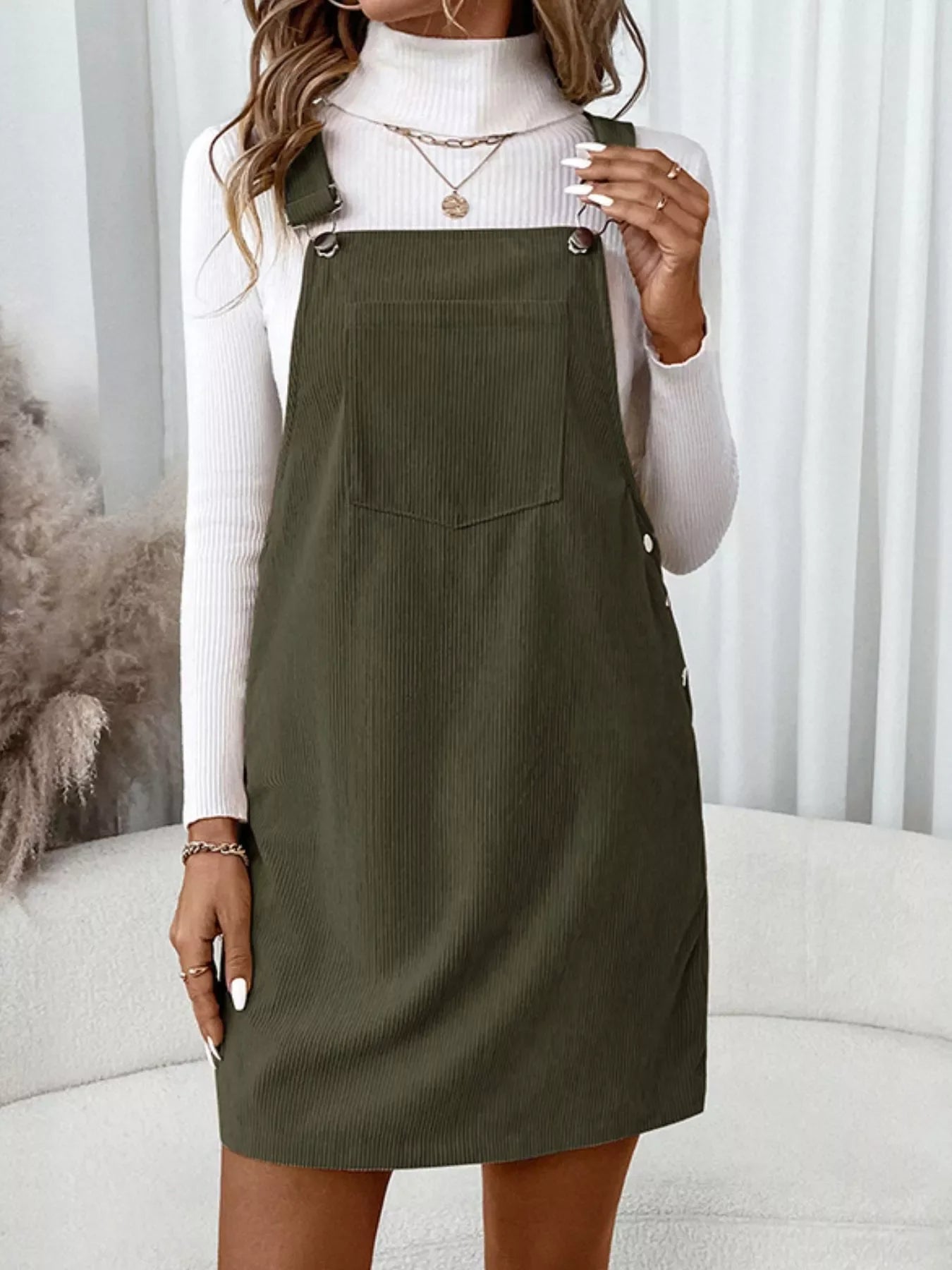 Corduroy Overall Mini Dress with Adjustable Straps - -