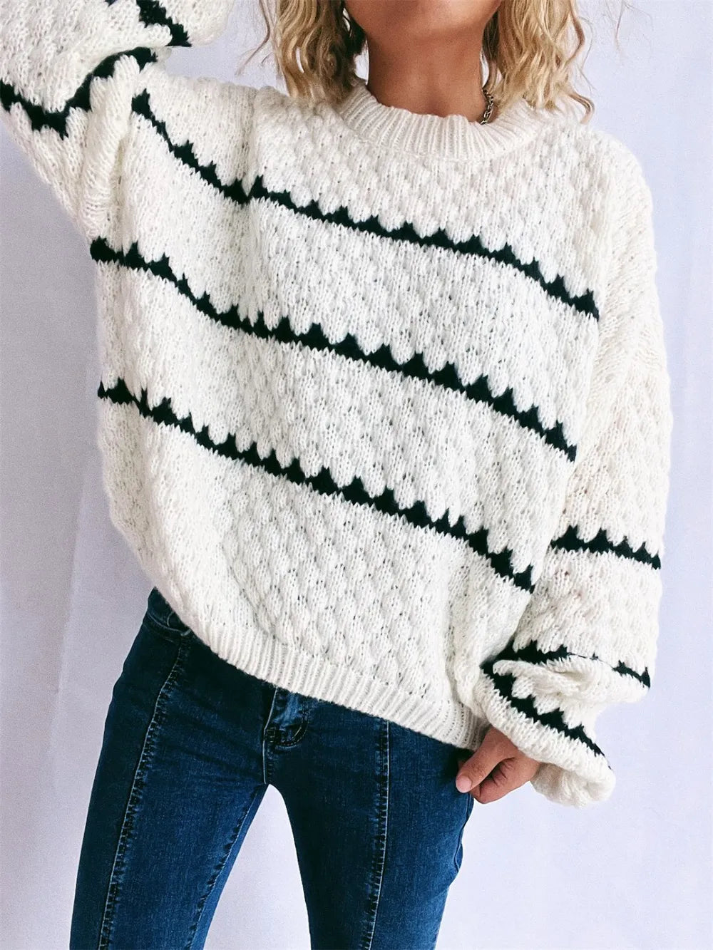 Contrast Stripes Round Neck Long Sleeve Sweater - -