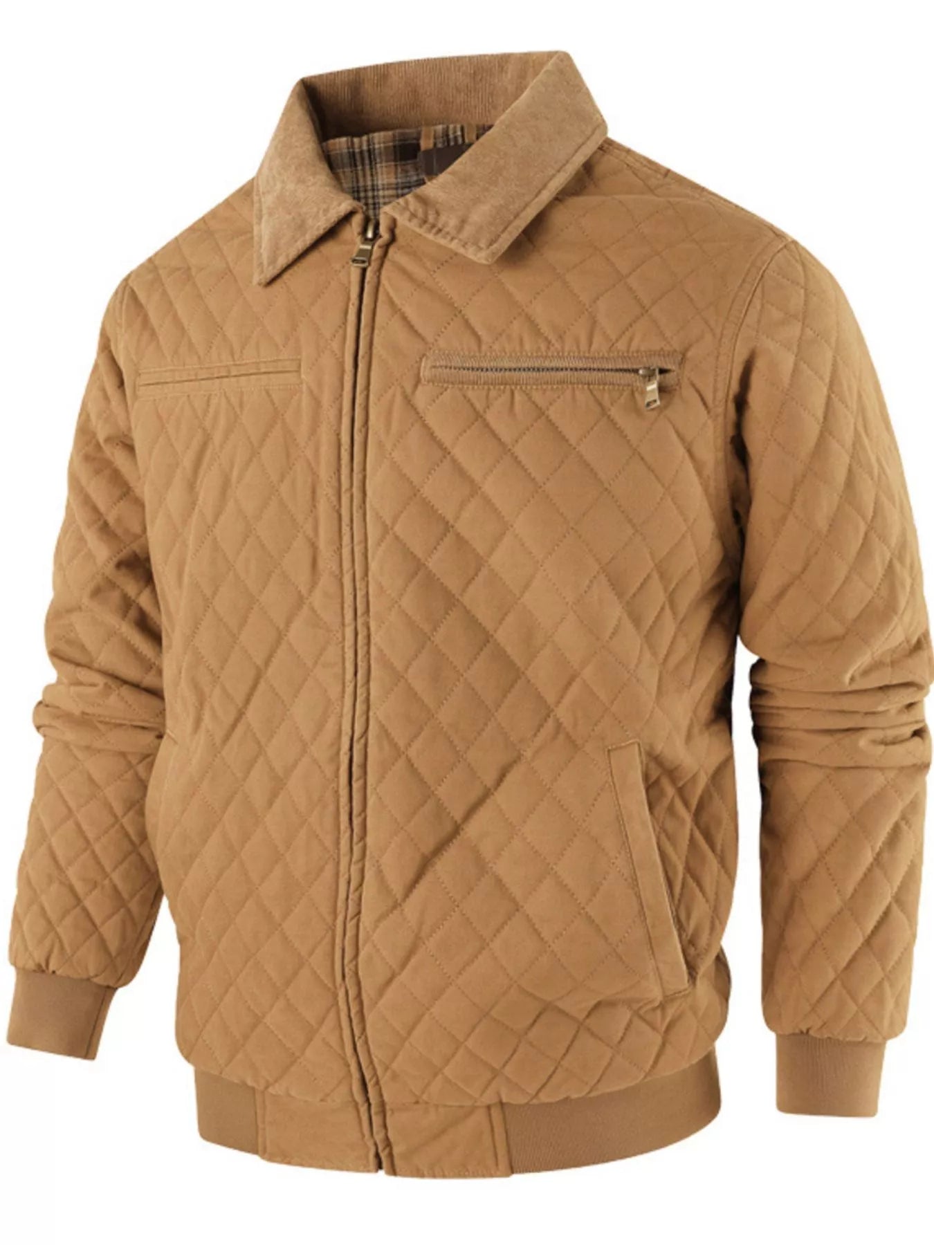 Men's Quilted Collared Neck Jacket with Plaid Lining - -