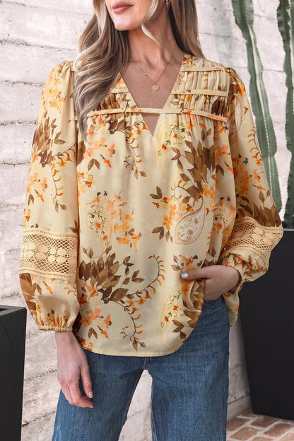 Paisley Print Decorative Binding Tape V Neck Shift Blouse - -