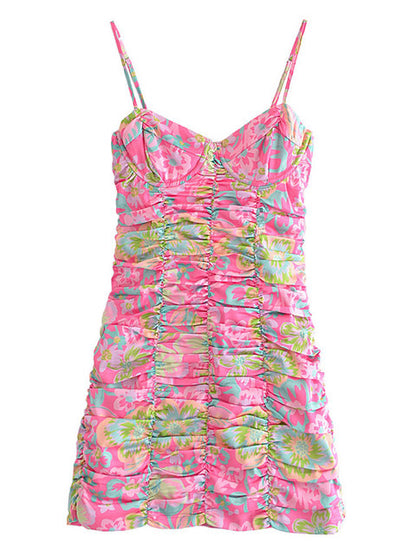 Floral Print Pleated Mini Dress - Pink Floral Small - dress