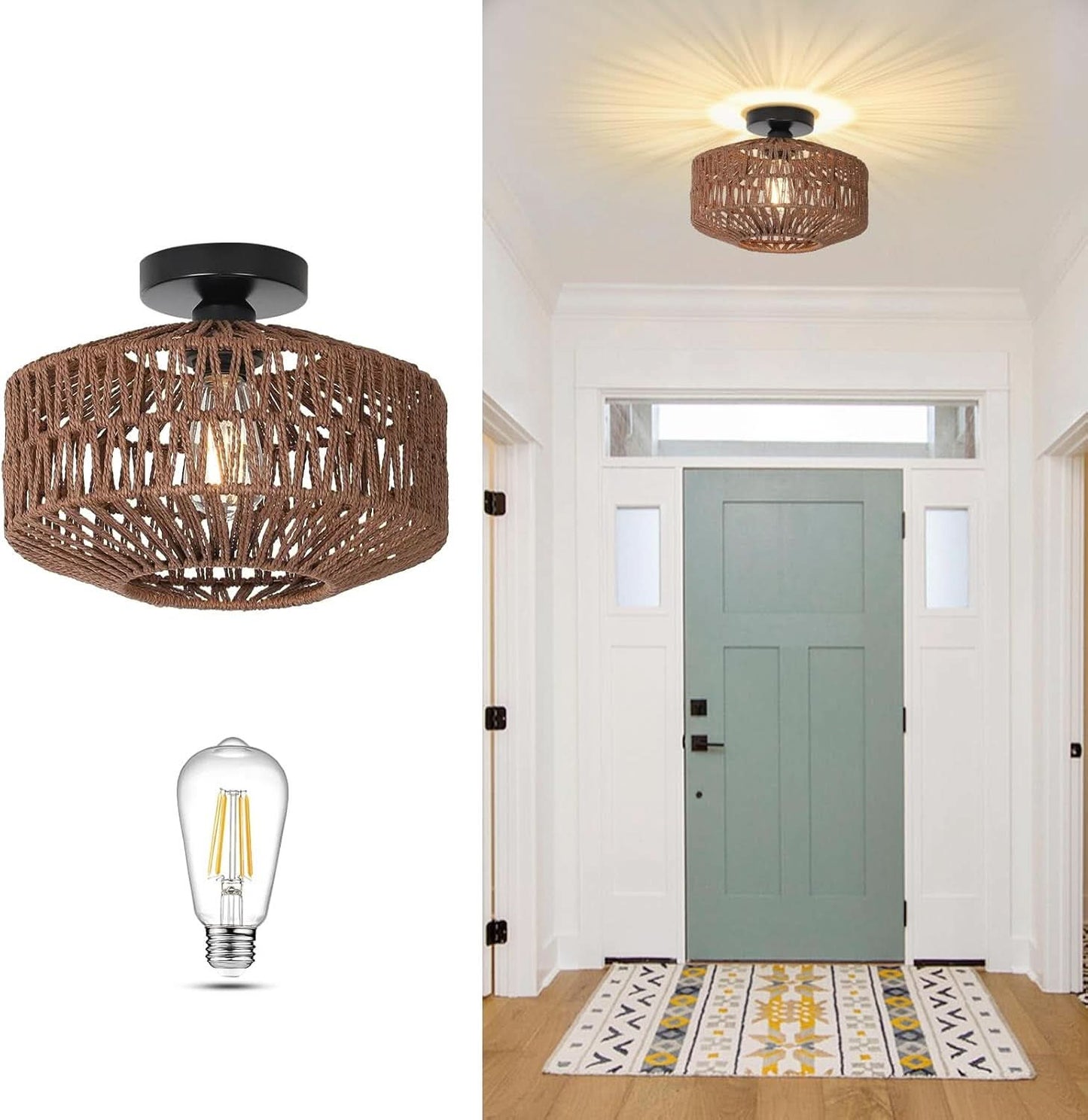 Dark Brown Hand Woven Rattan Ceiling Light With Dimmable LED - -