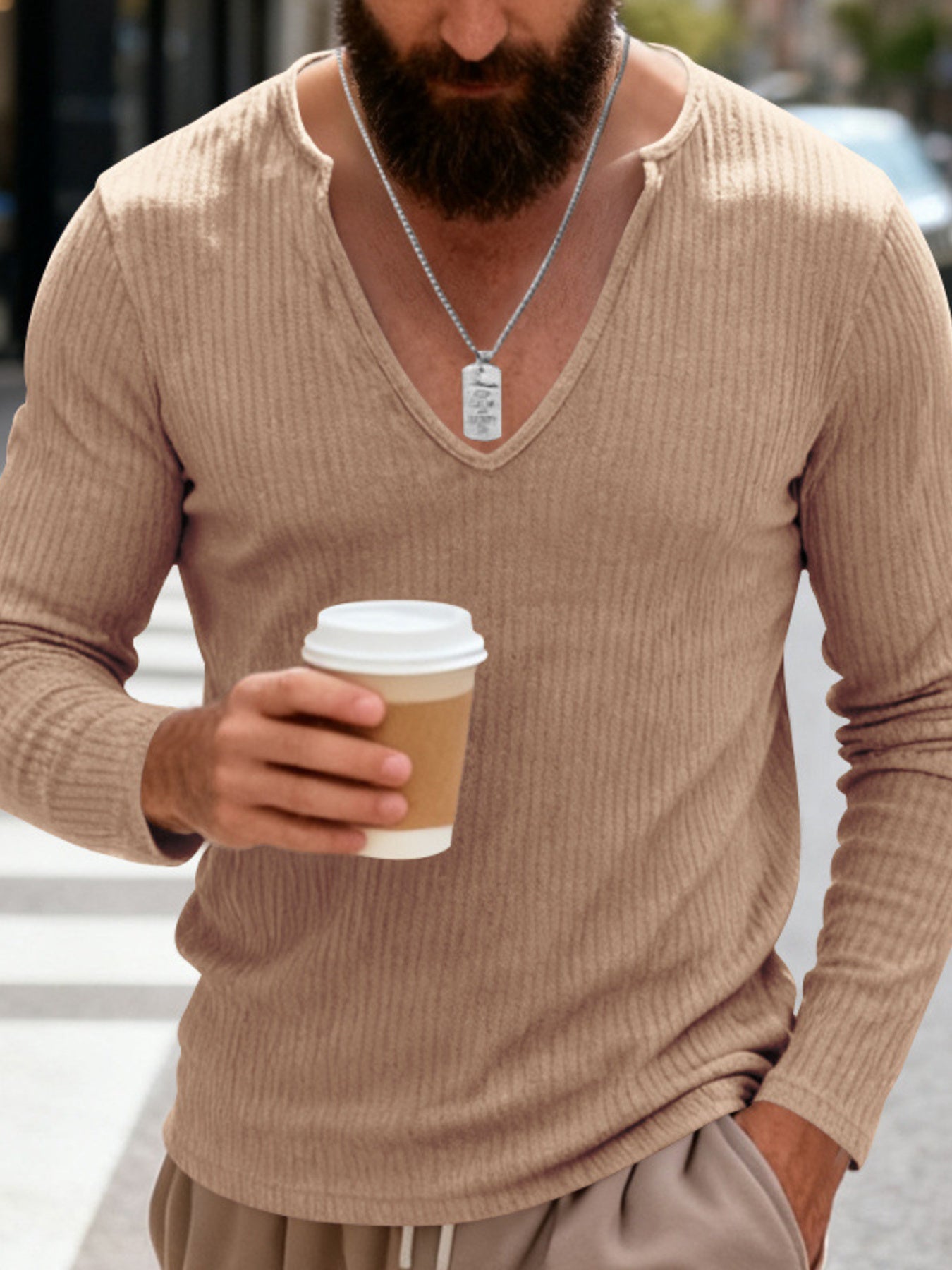Men's Full Size Casual Ribbed Long Sleeve T-Shirt Plus Size - Khaki -