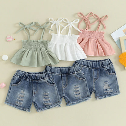 Solid Color Tank Tops and Ripped Denim Short Set