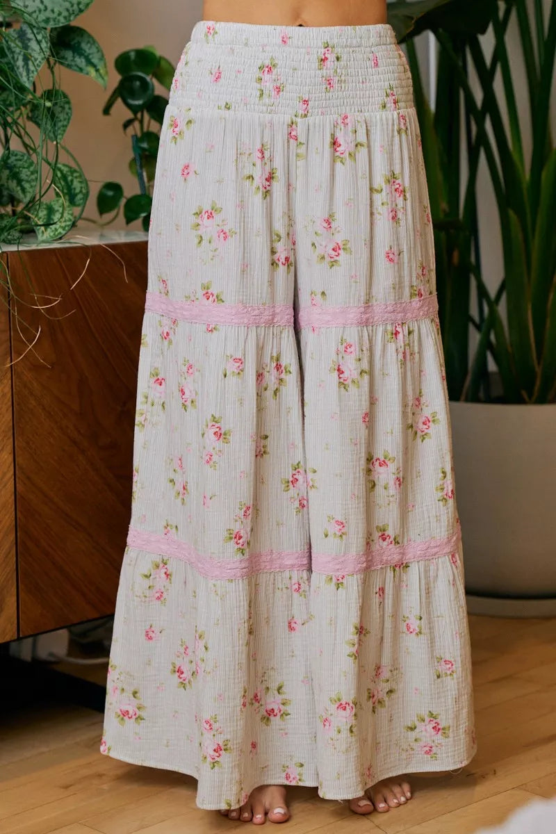 BiBi Rose Printed Gauze Trim Detail Smocked Maxi Pants - TAUPE BLUSH -