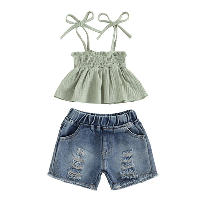 Solid Color Tank Tops and Ripped Denim Short Set green