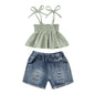 Solid Color Tank Tops and Ripped Denim Short Set green