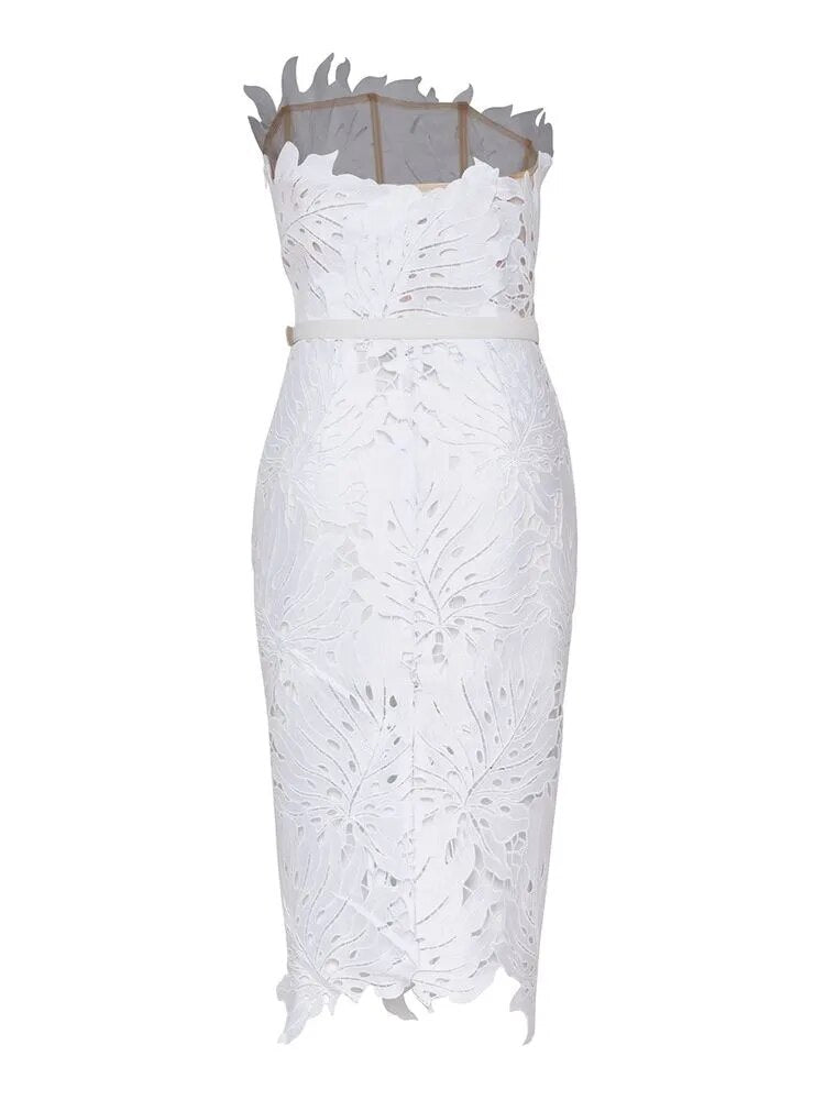White Midi Dress Flower Cut-Out Elegant Party Dress - - dress