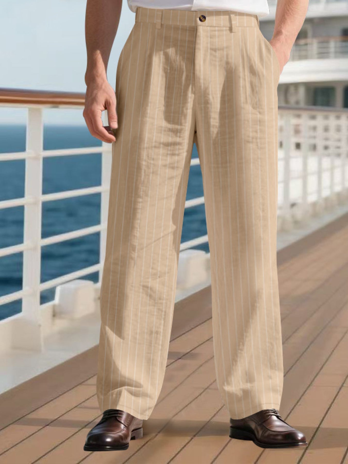 Men's Full Size Striped Wide Leg Pant Plus Size - Khaki -