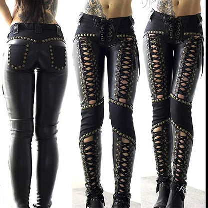 Women's Faux Leather Hollow Out PU Skinny Pants