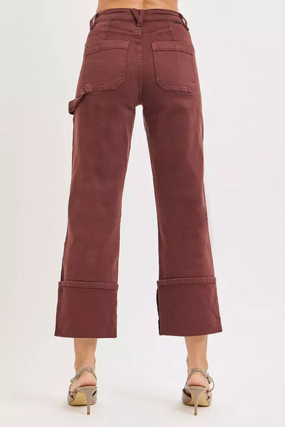 RISEN High Rise Wide Straight Cuffed Patch Jeans - - jeans
