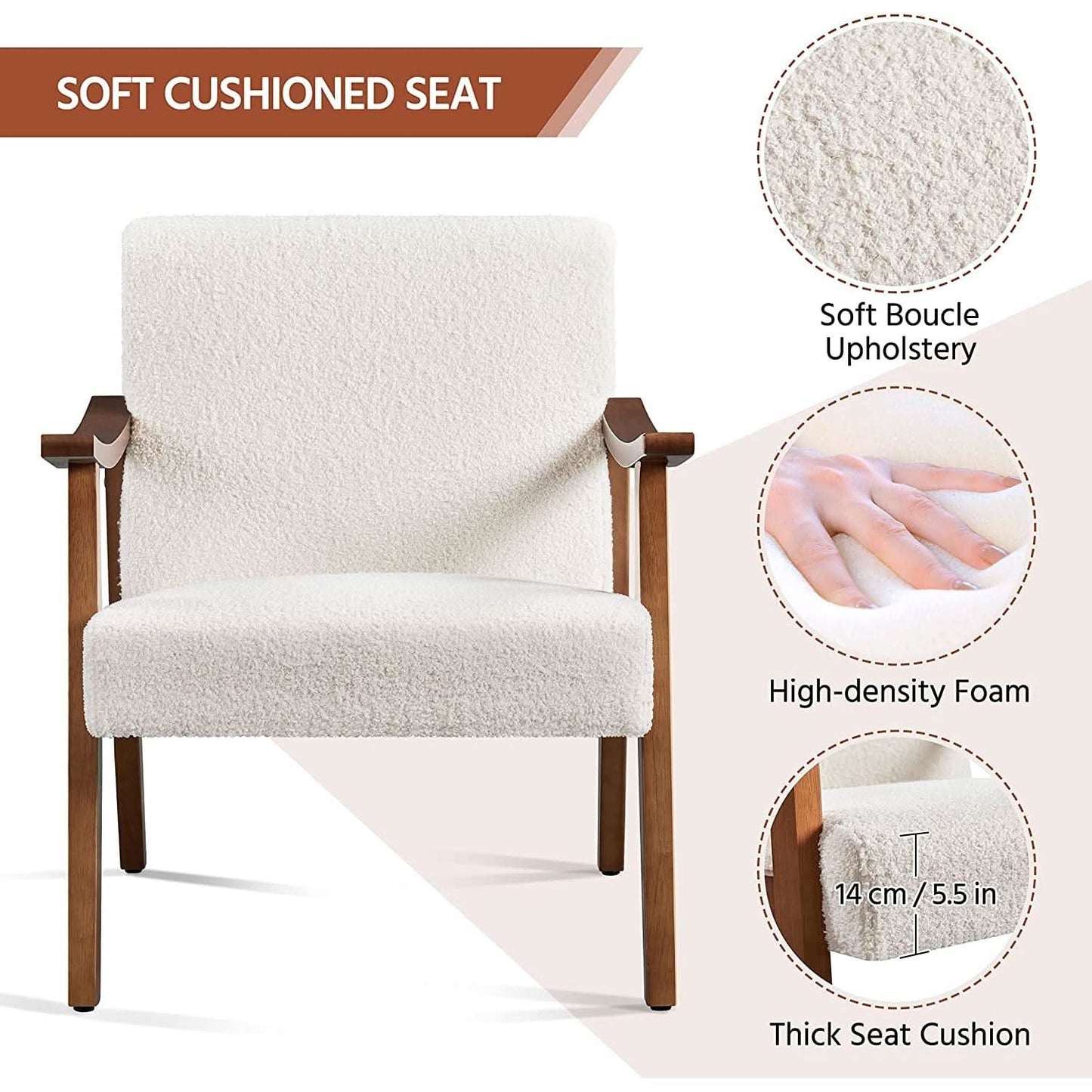 Mid Century Ivory Accent Chair With Wood Legs Boucle Upholstery- ShipItFurniture- {{Product type}}