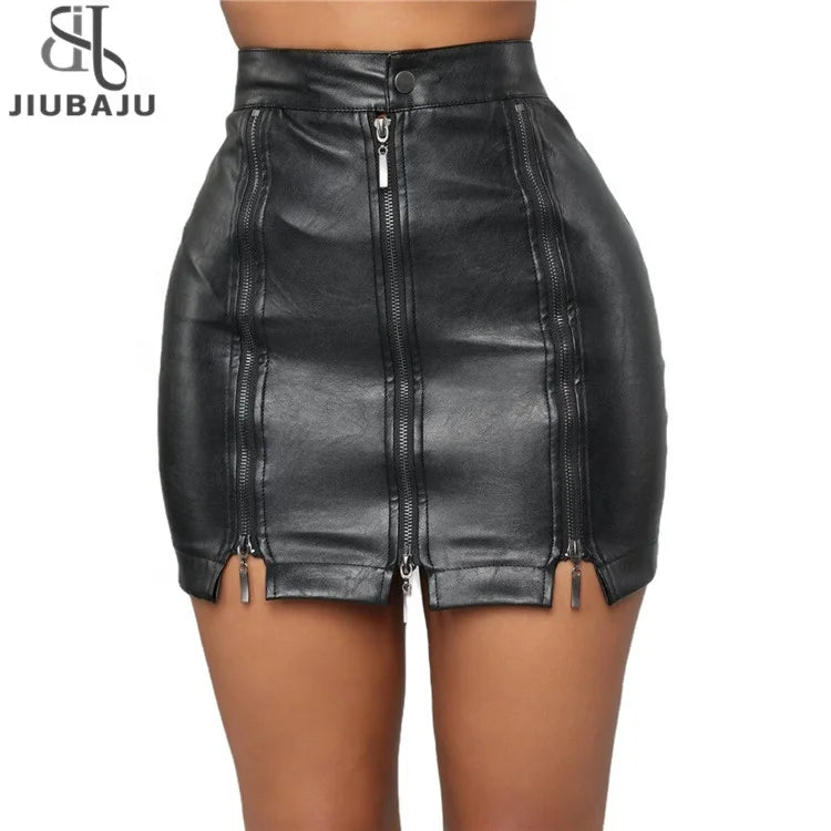 Women Pu Leather a Line Skirt Three Full Zip Pocketed Bodycon Mini Skirt