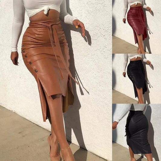 Mid-Length Wrap PU Leather Skirt for Women High-Waisted Slit Slim Half Skirt