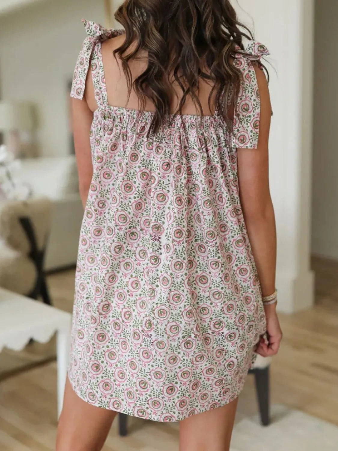 Printed Square Neck Tie Shoulder Mini Dress - -