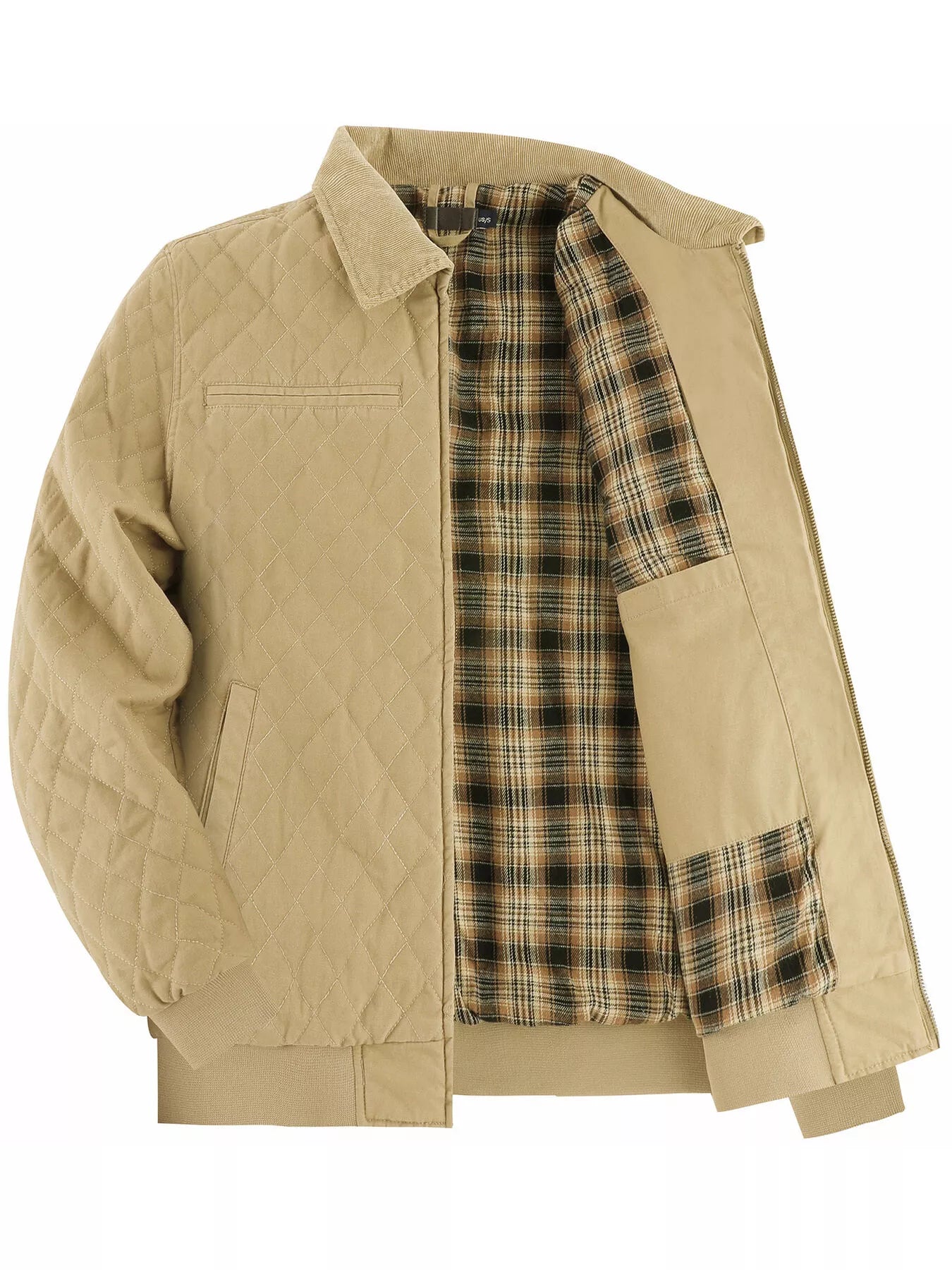 Men's Quilted Collared Neck Jacket with Plaid Lining - -