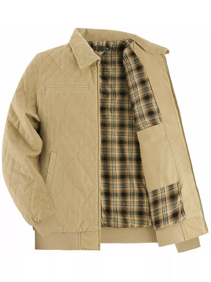 Men's Quilted Collared Neck Jacket with Plaid Lining - -
