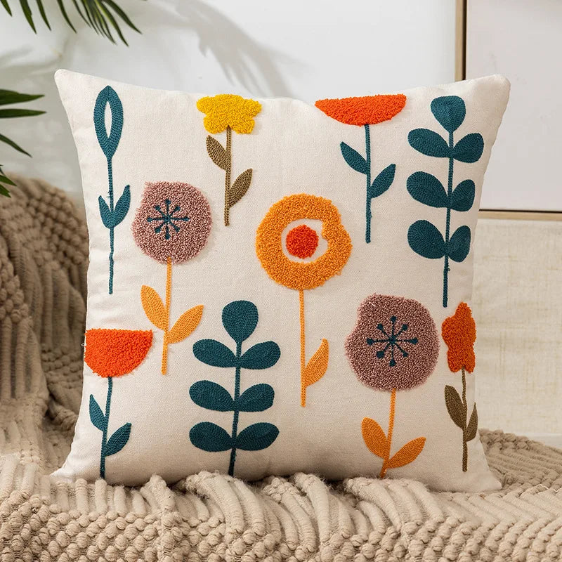 Flower Pillow Cover Embroidered Canvas Wool 18*18 Inch