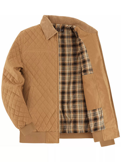Men's Quilted Collared Neck Jacket with Plaid Lining - -