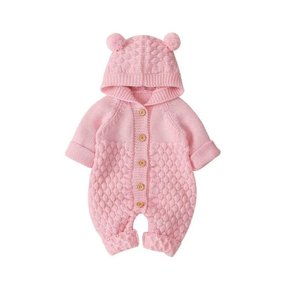 Baby Romper Bear Ear Knit Hooded Jumpsuit Pink 18 Months Old