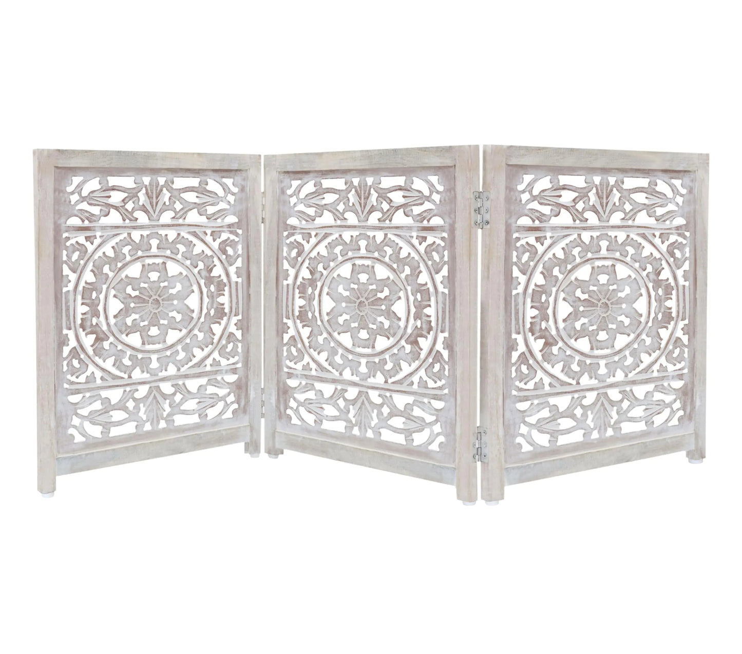 Suzani Hand Carved Wooden Foldable Pet Dog Safety Gate - 3 Panel 20" W x 24" H -Free Standing Portable Gate - Kia Day Design