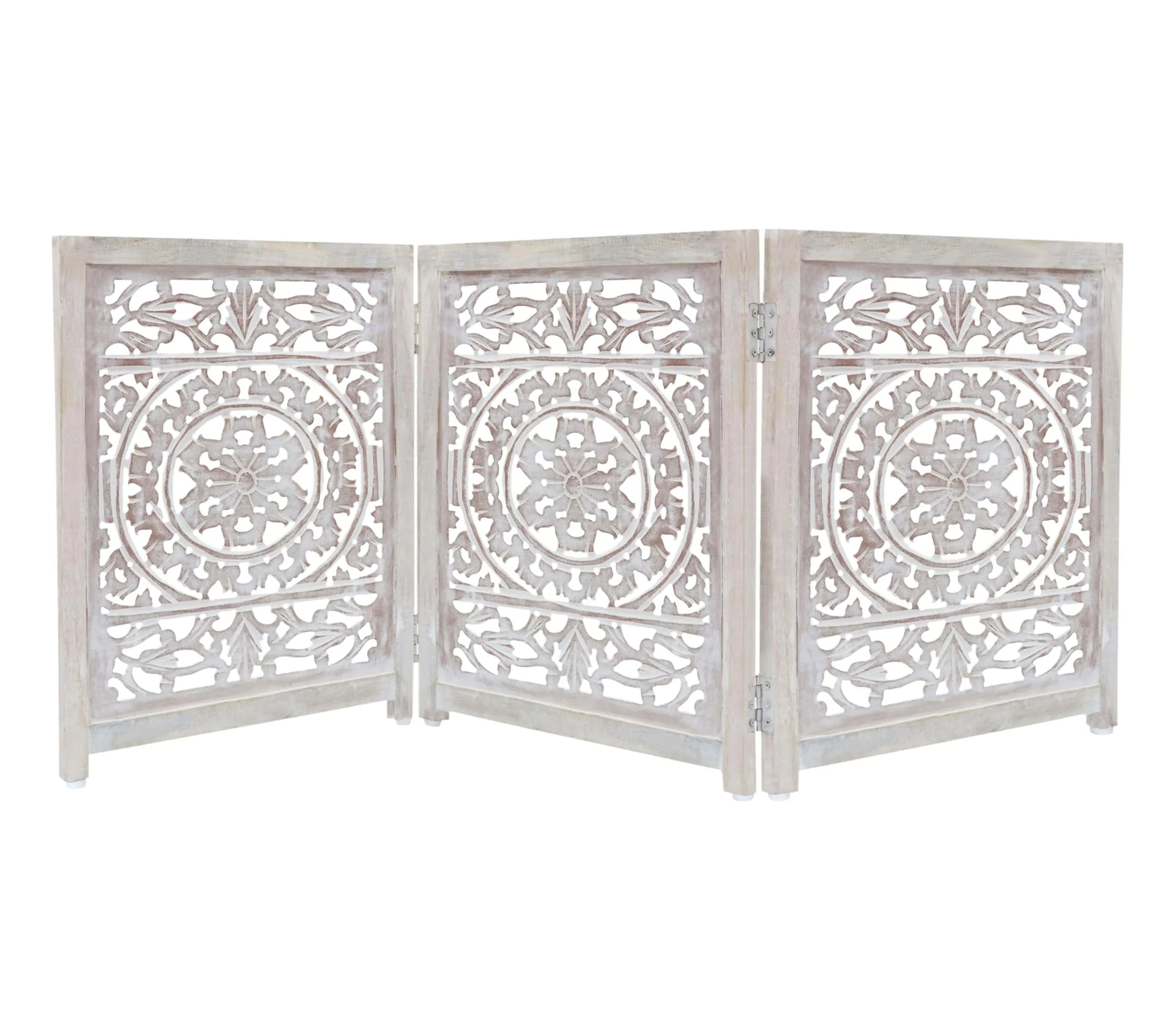 Suzani Hand Carved Wooden Foldable Pet Dog Safety Gate - 3 Panel 20" W x 24" H -Free Standing Portable Gate - Kia Day Design