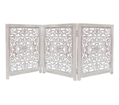 Suzani Hand Carved Wooden Foldable Pet Dog Safety Gate - 3 Panel 20" W x 24" H -Free Standing Portable Gate - Kia Day Design