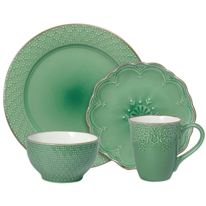 Pfaltzgraff Green French Lace Dinnerware Set 16 Piece - - plate set
