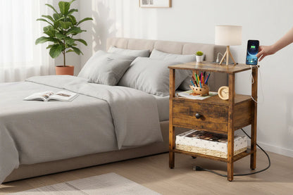 Lerliuo 3-Tier Storage End Table Set with Charging Station and USB Ports - - table