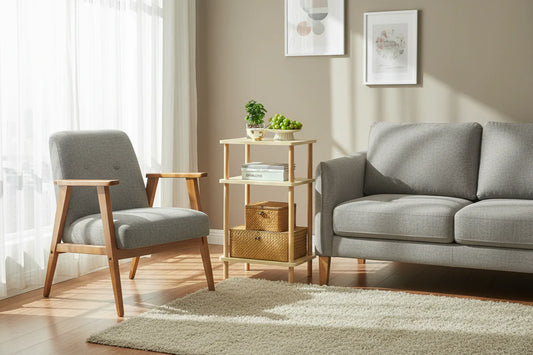 3-Tier Side Table Solid Wood with Storage Shelves - - Table