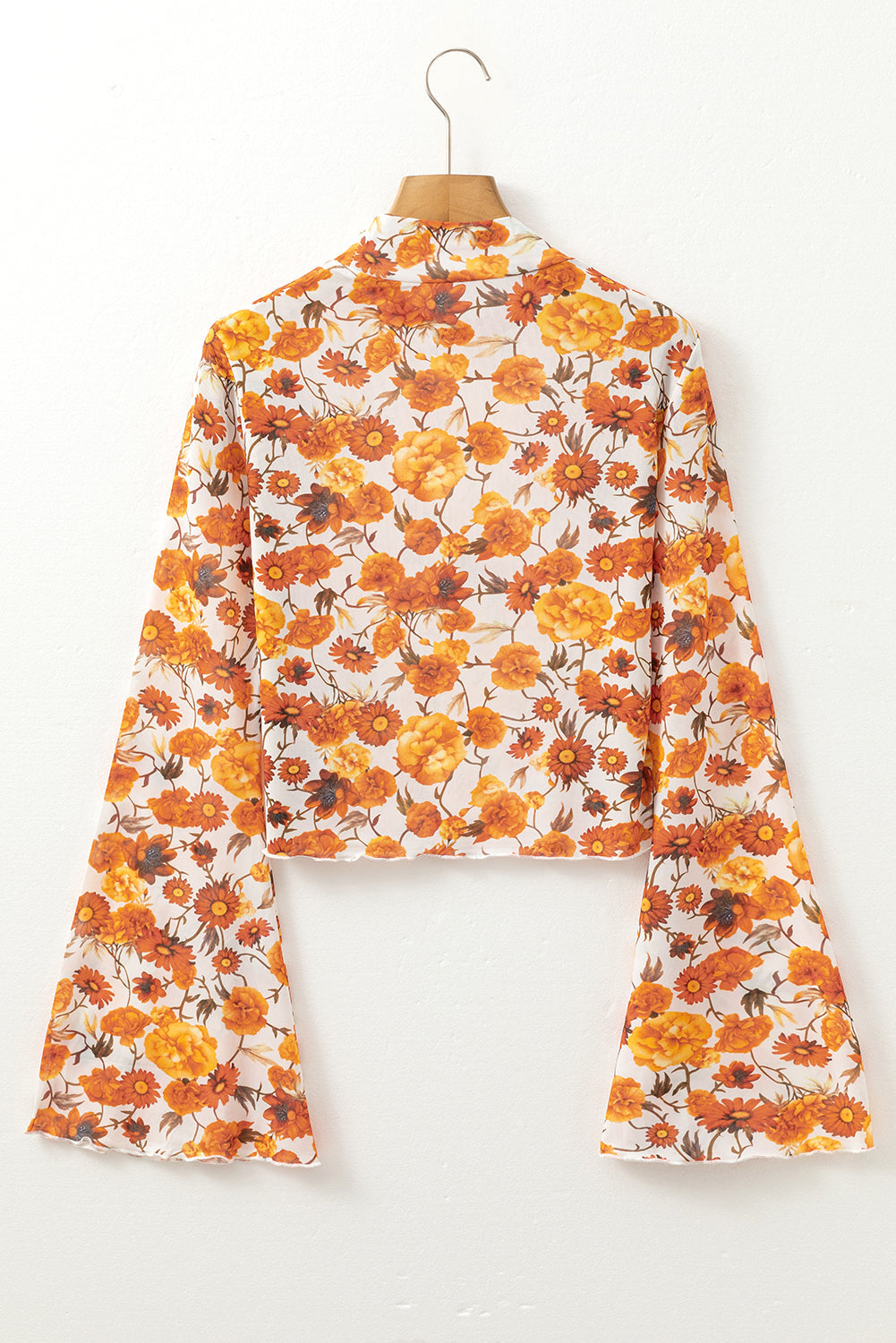 Orange Floral Printed Bell Sleeve Mock Neck Scallop Trim Blouse - - Tops/Blouses & Shirts