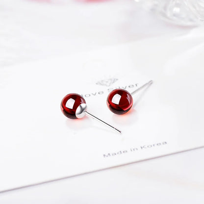 Red Garnet Stone Stud Earrings Small Round Ball Earrings for Women