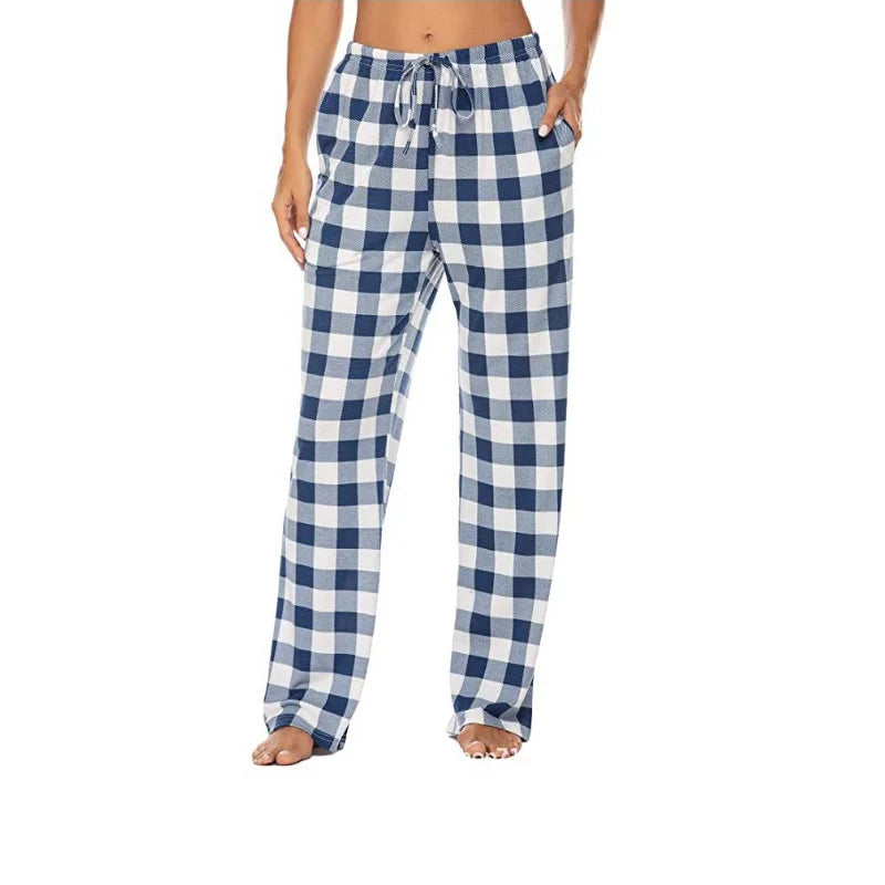 Women Solid Color Buffalo Plaid Pajama Pants Sleepwear With Pockets