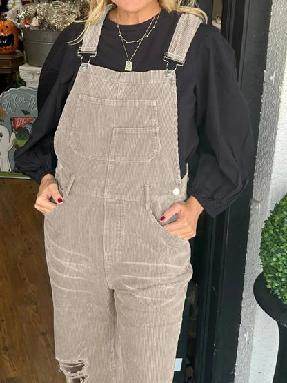 Distressed Wide Leg Corduroy Overalls - -