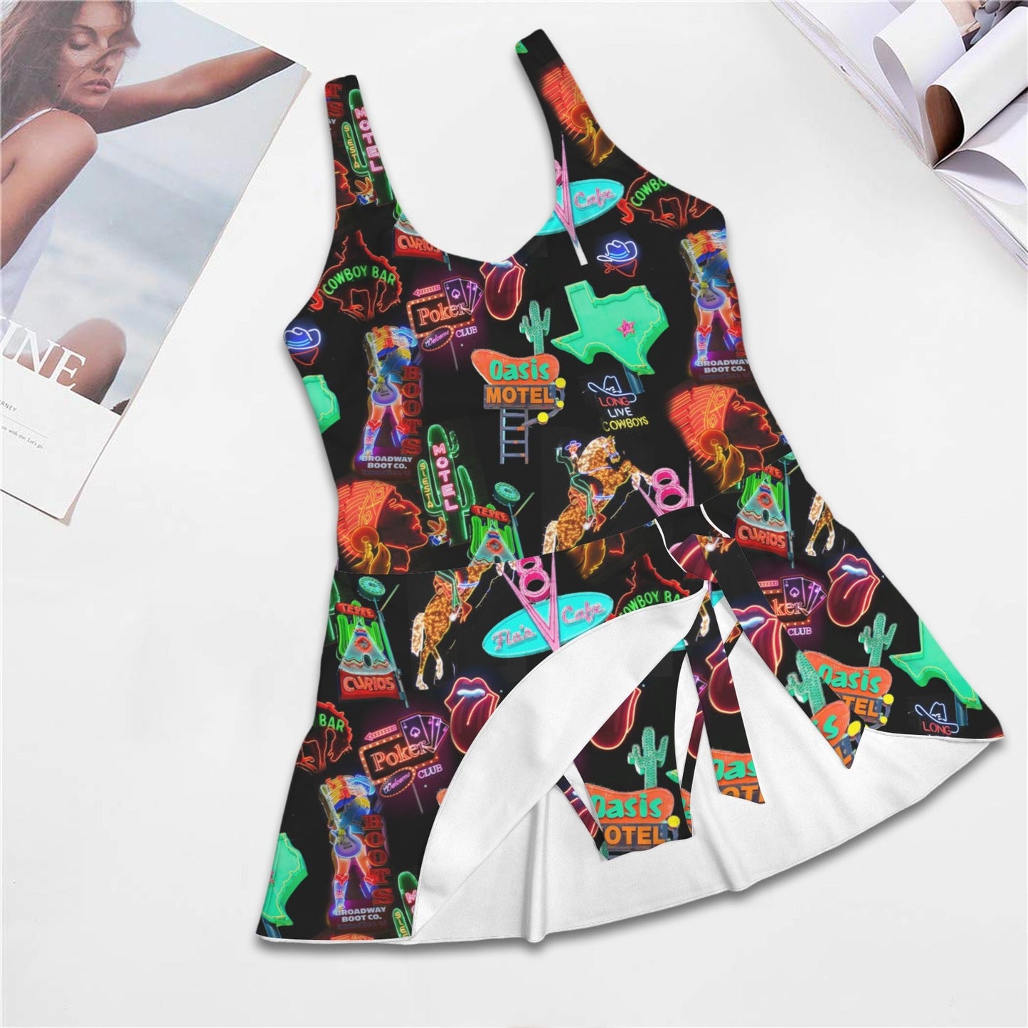 Baha Ranch Vegas Neon Skirted Swimsuit - - One-Piece Suits