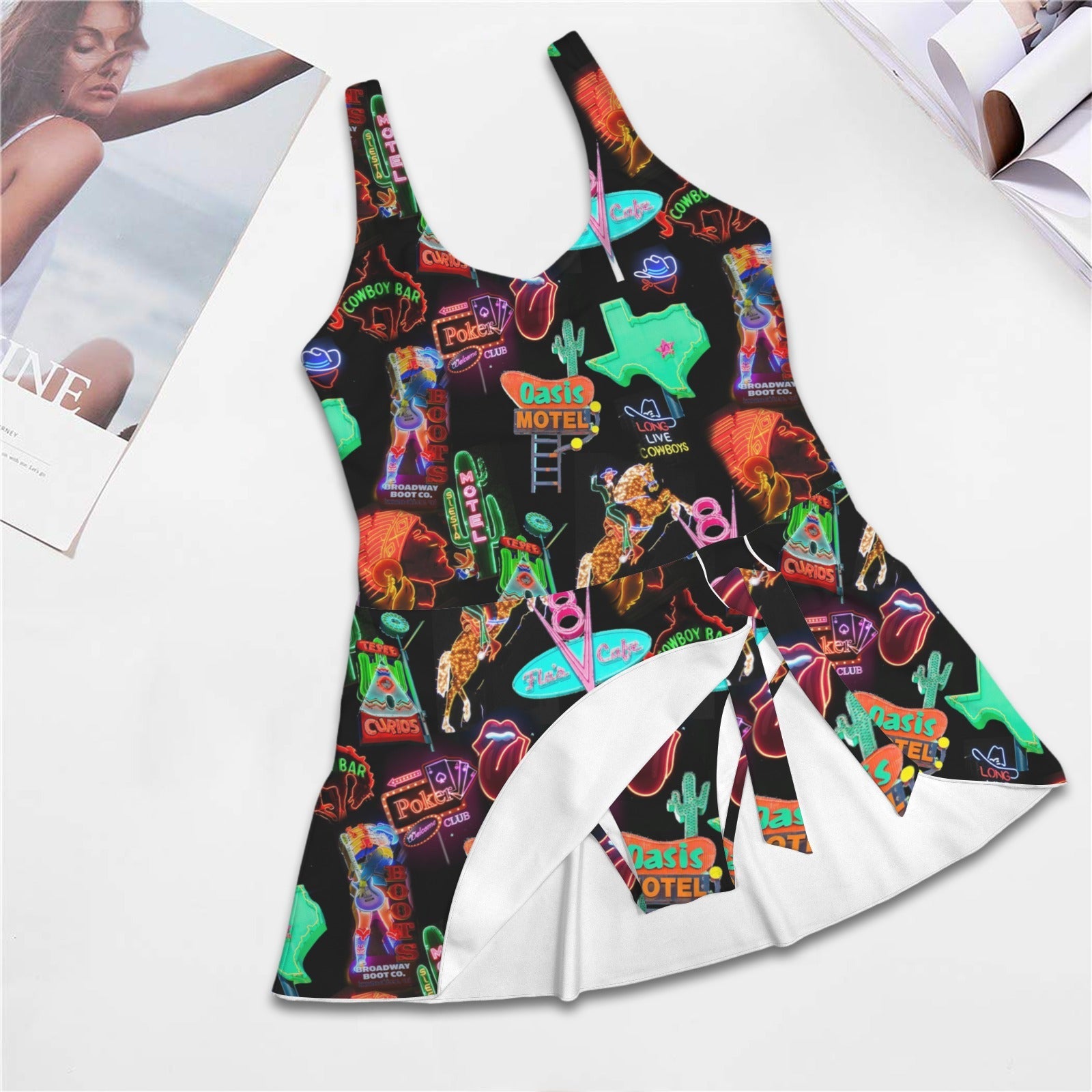 Baha Ranch Vegas Neon Skirted Swimsuit - - One-Piece Suits