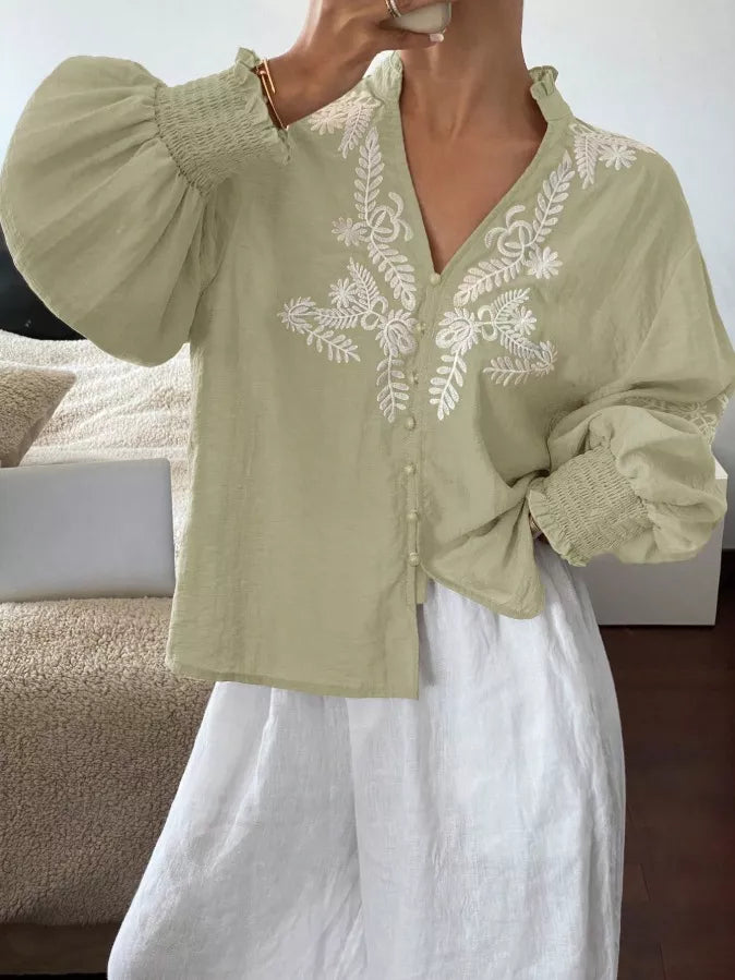 Embroidered Notched Long Sleeve Blouse - -