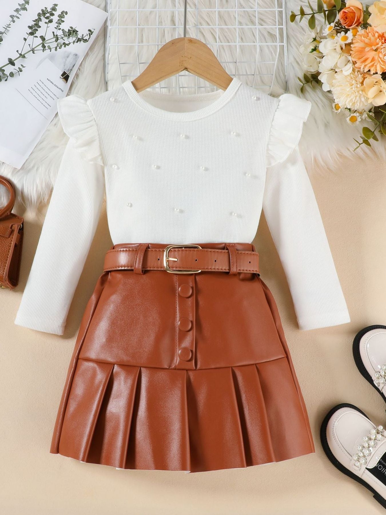 Children's Ruffle Trim Top & Faux Leather Pleated Skirt Set - White -