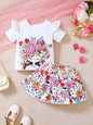 Children's Floral Graphic Ruffle Sleeve Top & Skirt Set - White -
